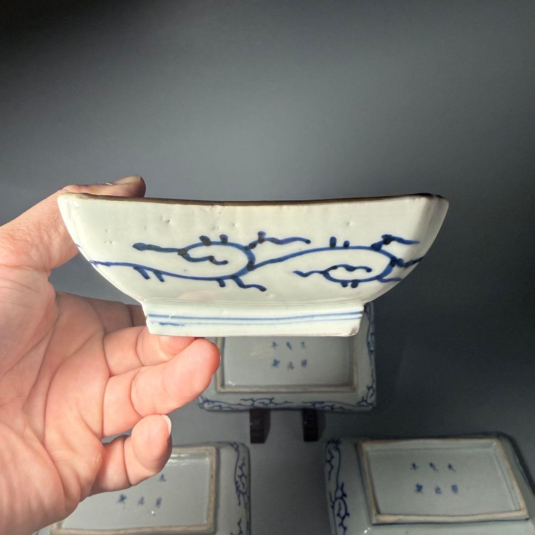 幕末〜明治期　染付微塵唐草文長皿　五枚　太明成化年製　状態◎　古陶を楽しむ