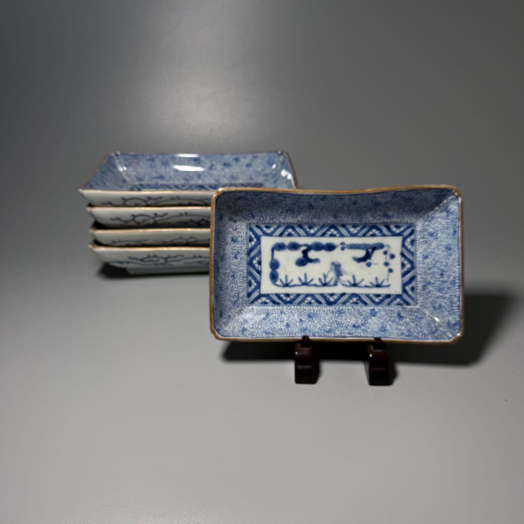 幕末〜明治期　染付微塵唐草文長皿　五枚　太明成化年製　状態◎　古陶を楽しむ