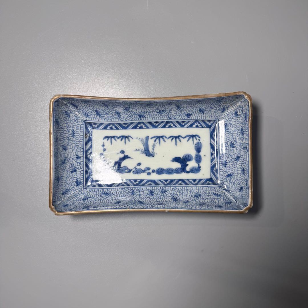 幕末〜明治期　染付微塵唐草文長皿　五枚　太明成化年製　状態◎　古陶を楽しむ