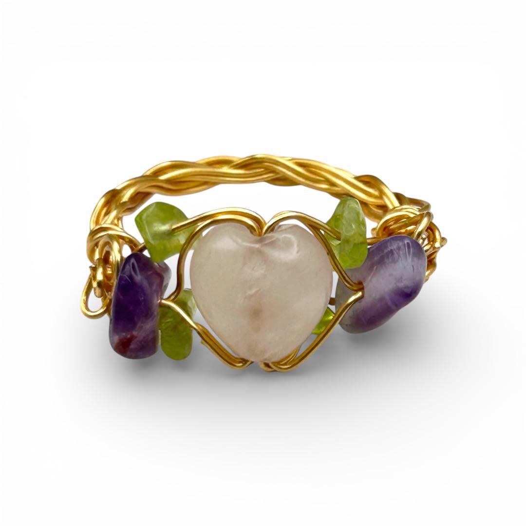 天然石リング 18kgfワイヤー ハンドメイド ハートローズクォーツ