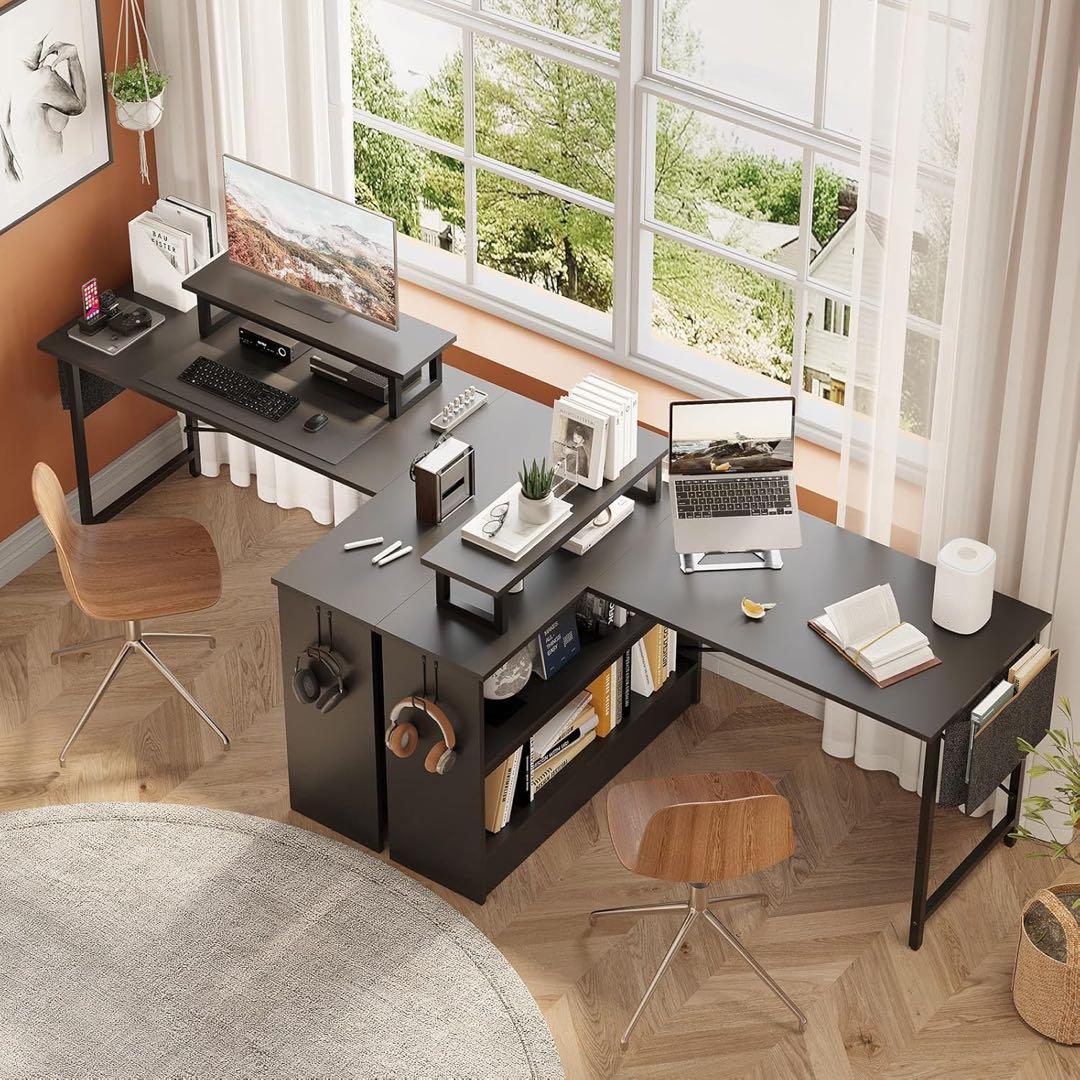 L 字デスク 幅107cm 収納ラック 収納袋付き 左右入替可 ゲーム ブラック