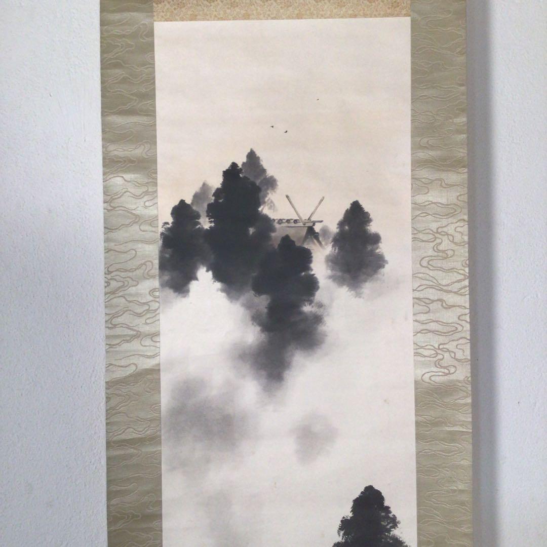 No3747 掛軸　青木栖古　「神苑朝」肉筆紙本　共箱　日本画　古美術　送料無料