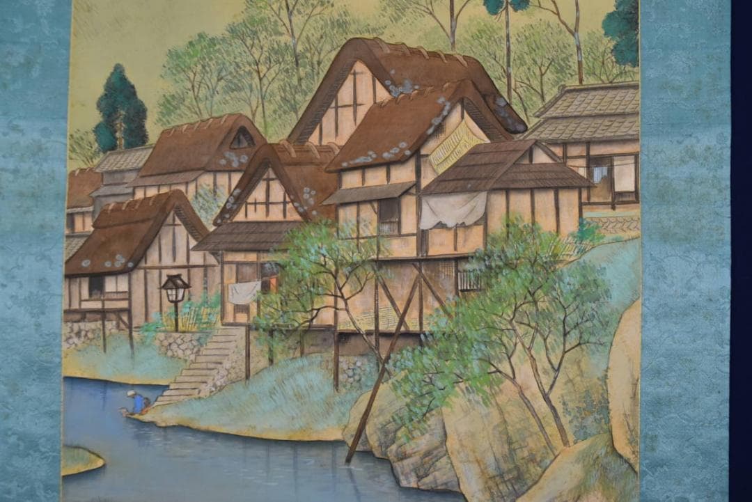 【真作】松嶺/山水人物図/掛軸☆宝船☆AB-361