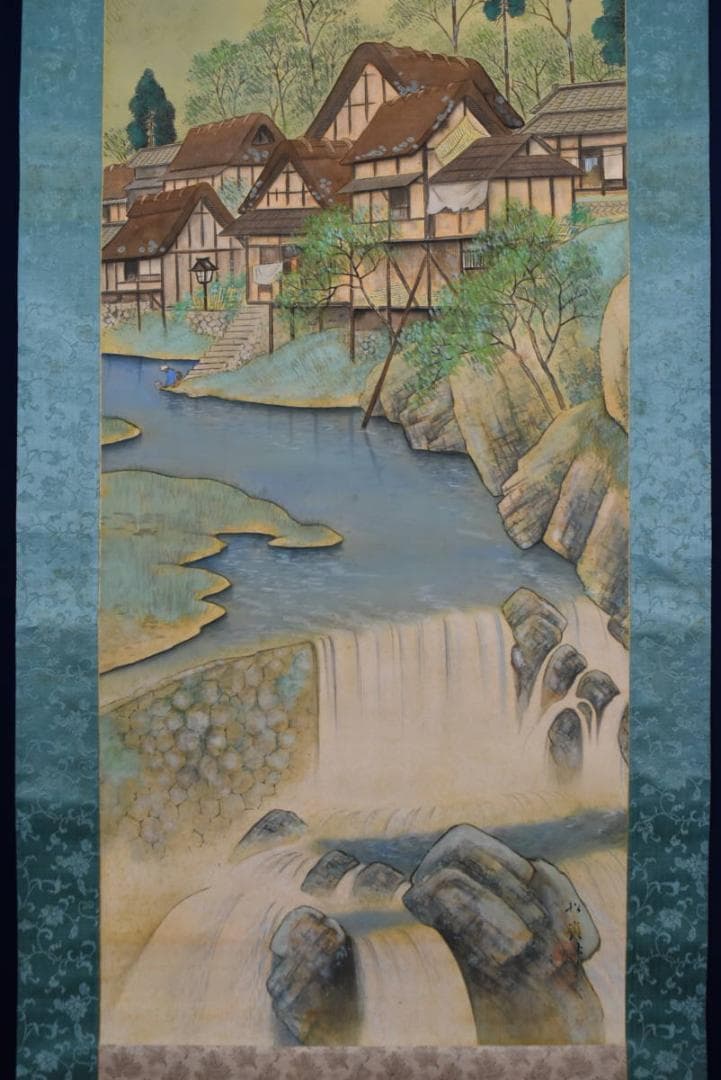 【真作】松嶺/山水人物図/掛軸☆宝船☆AB-361