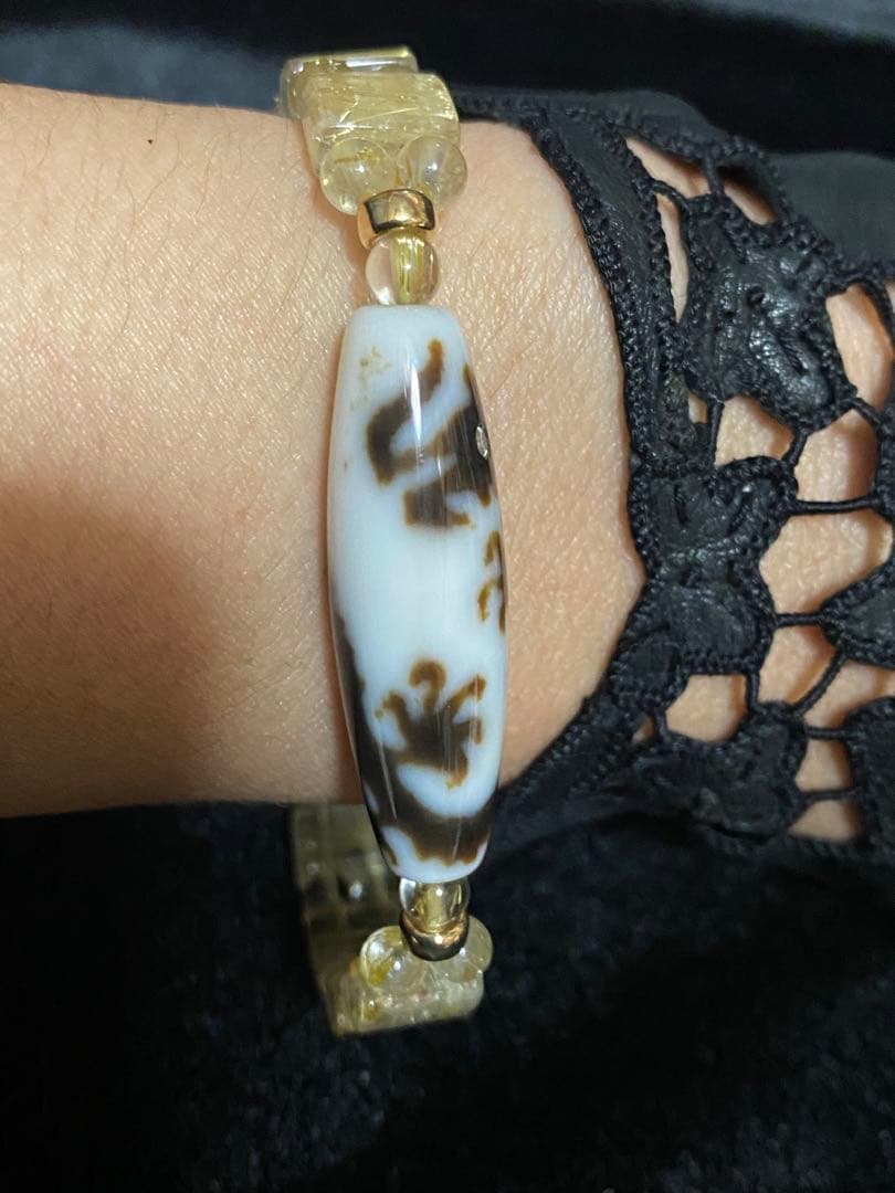 眼力ギラギラダイヤ入り五爪皇帝龍天珠ギラギラびっしりゴールドルチルクォーツブレス