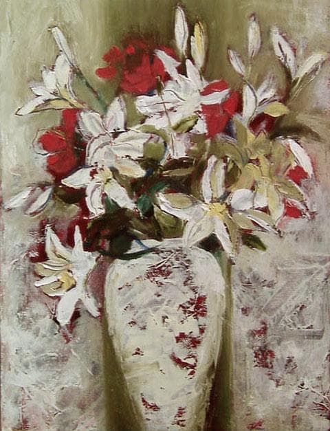 油絵 菅家令子絵 絵画インテリア額付(青緑＋金色の枠) uF6-112402ゆり