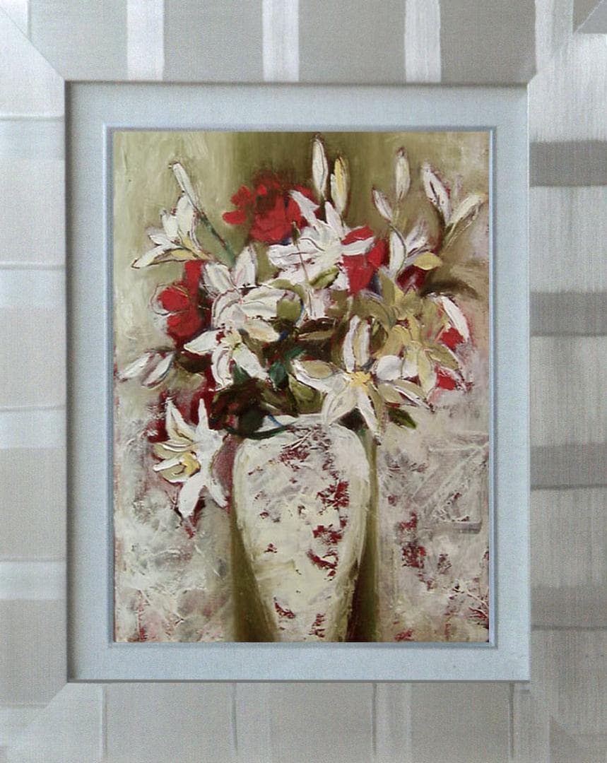 油絵 菅家令子絵 絵画インテリア額付(青緑＋金色の枠) uF6-112402ゆり