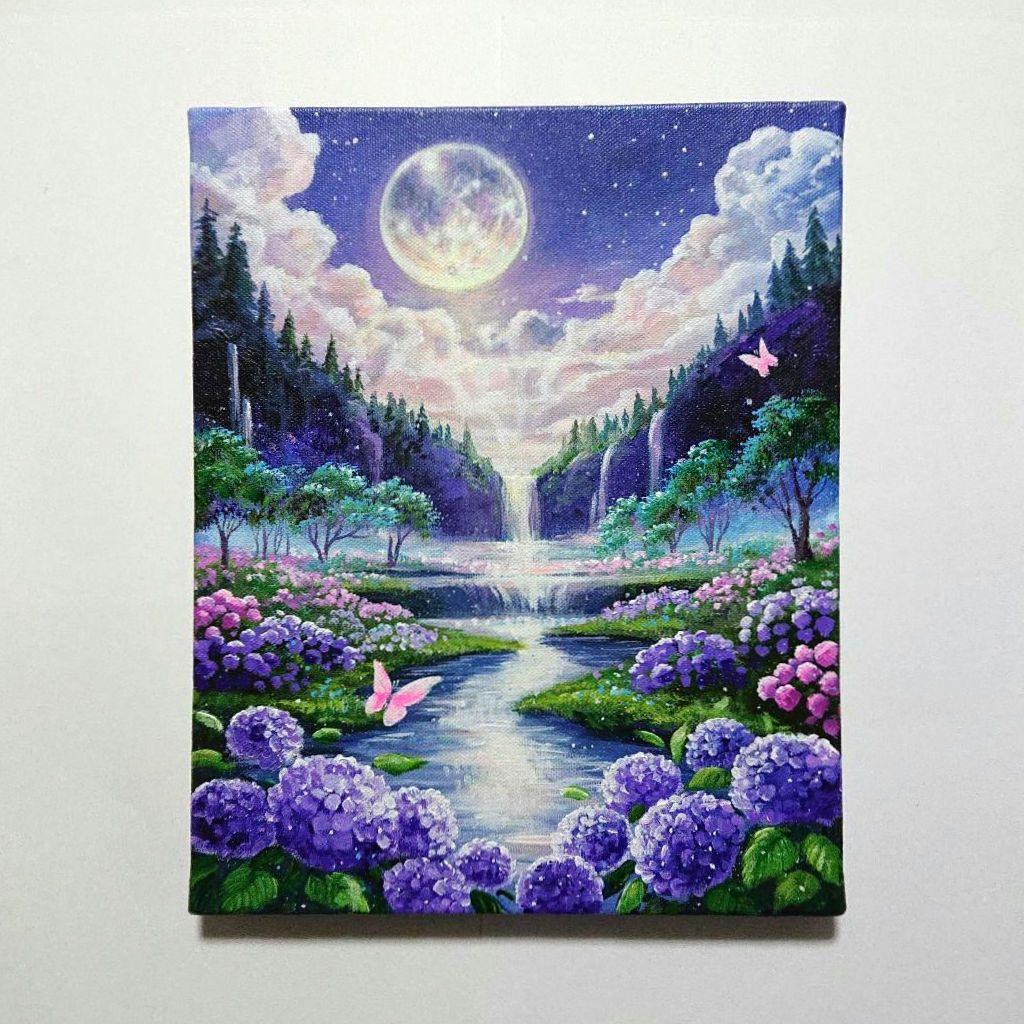 【紫陽花が見る月】アクリル画 F3 風景画 絵画