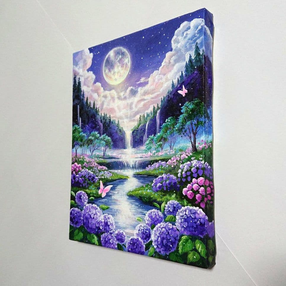 【紫陽花が見る月】アクリル画 F3 風景画 絵画