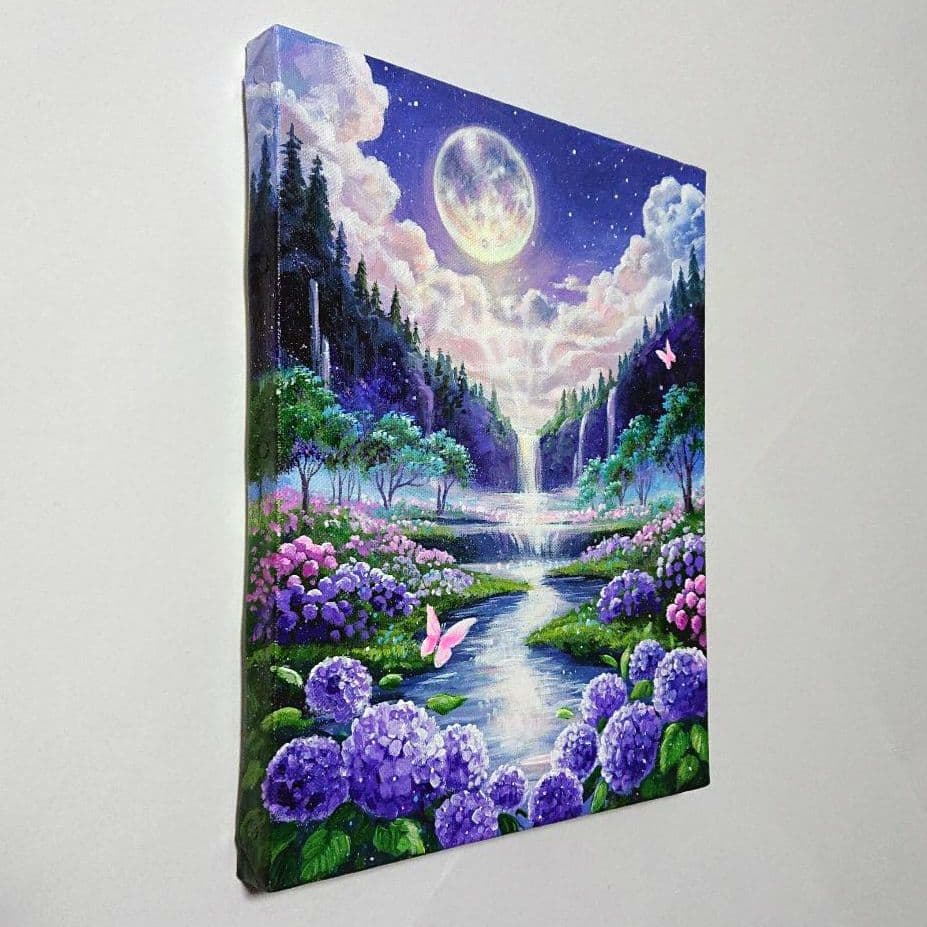 【紫陽花が見る月】アクリル画 F3 風景画 絵画