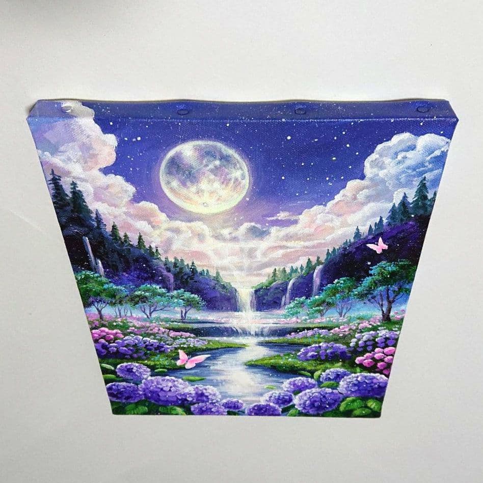 【紫陽花が見る月】アクリル画 F3 風景画 絵画