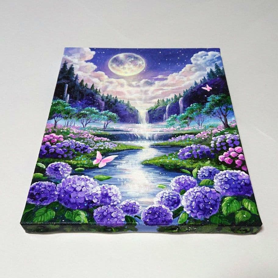 【紫陽花が見る月】アクリル画 F3 風景画 絵画