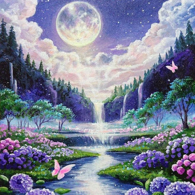 【紫陽花が見る月】アクリル画 F3 風景画 絵画