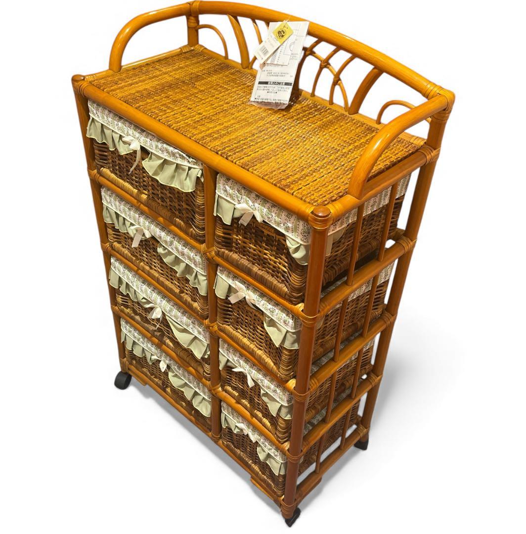 【新品】ラタン　４段ラック　ランドリー　キャスター付　籐家具　レトロ家具