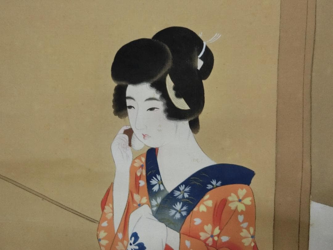 買得！【掛軸　美人画　化粧日本髪着物姿　華堂　共箱 軸　骨董古美術】美術工芸