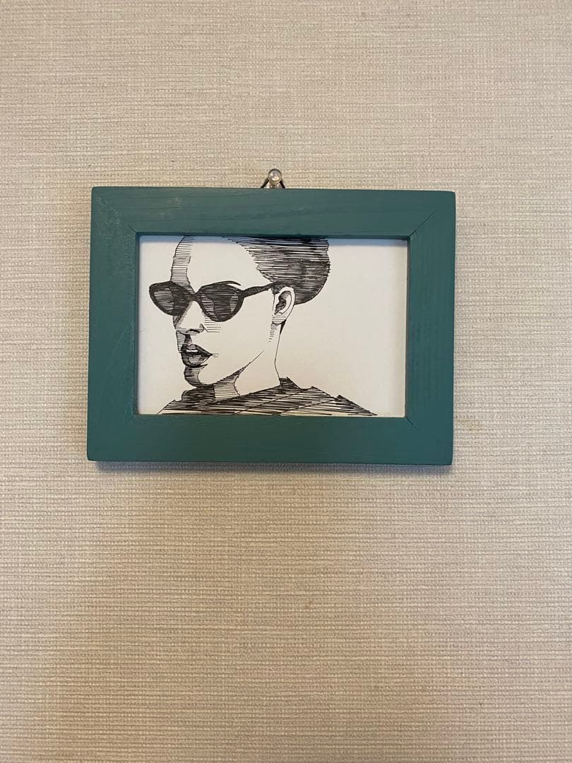 女性の線画アート 青緑フレーム(原画)