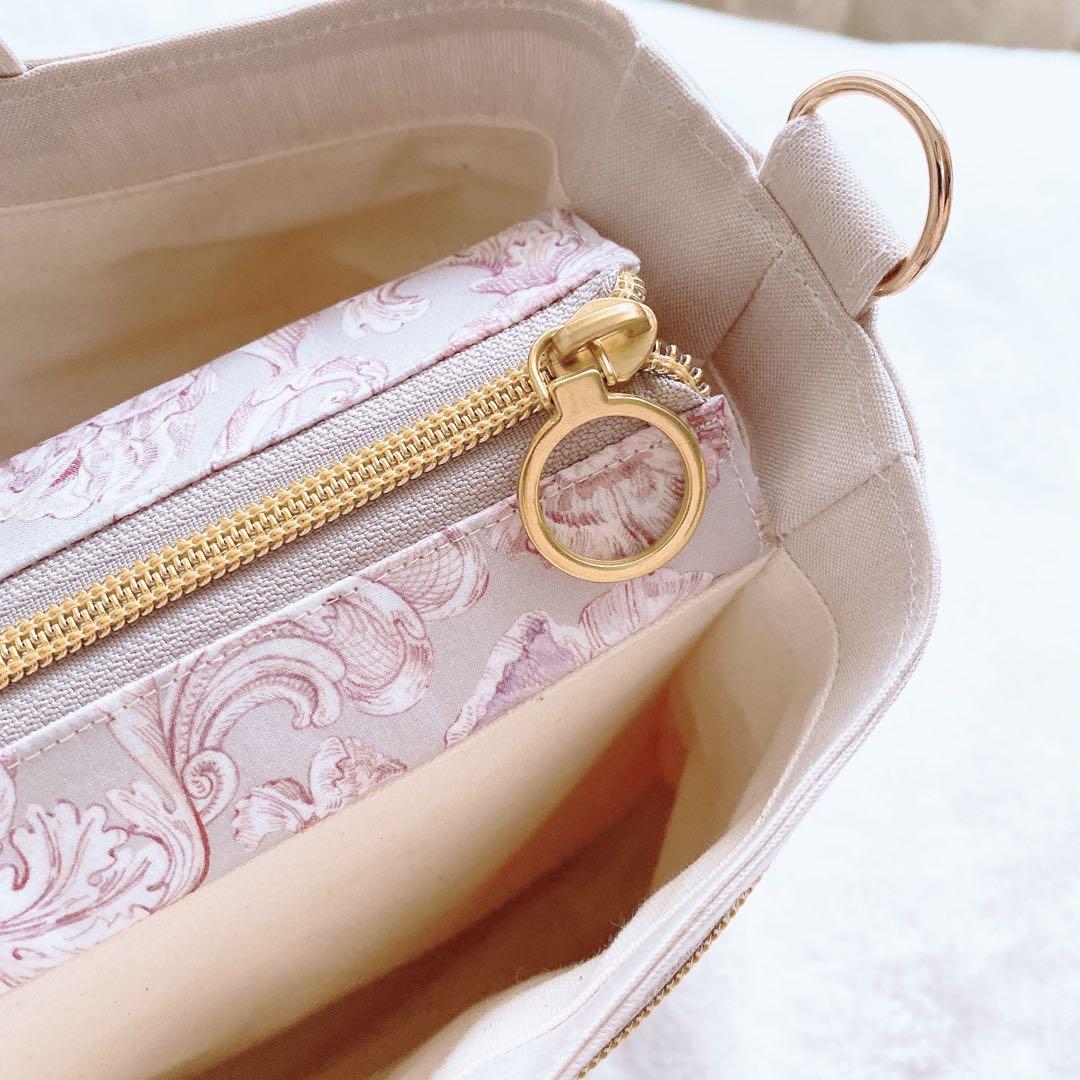 【在庫整理20%off】花柄 ピンクグレー 3ルームフリルトート⑅ ハンドメイド