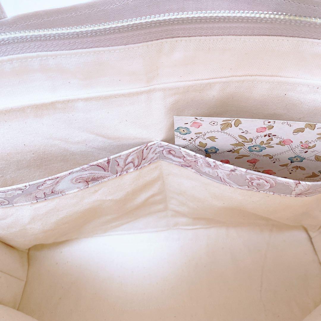 【在庫整理20%off】花柄 ピンクグレー 3ルームフリルトート⑅ ハンドメイド