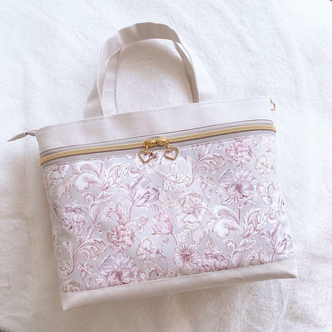 【在庫整理20%off】花柄 ピンクグレー 3ルームフリルトート⑅ ハンドメイド