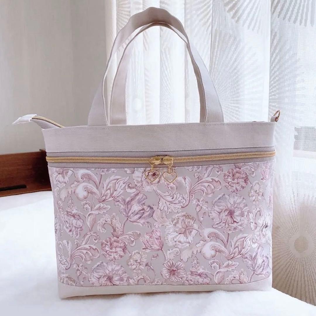 【在庫整理20%off】花柄 ピンクグレー 3ルームフリルトート⑅ ハンドメイド