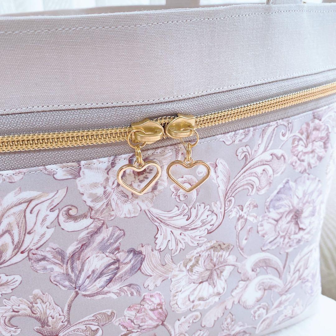 【在庫整理20%off】花柄 ピンクグレー 3ルームフリルトート⑅ ハンドメイド