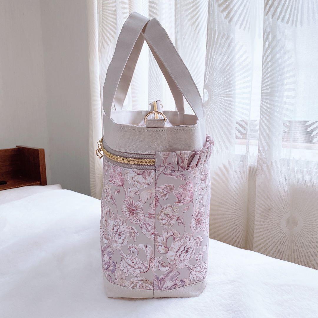 【在庫整理20%off】花柄 ピンクグレー 3ルームフリルトート⑅ ハンドメイド