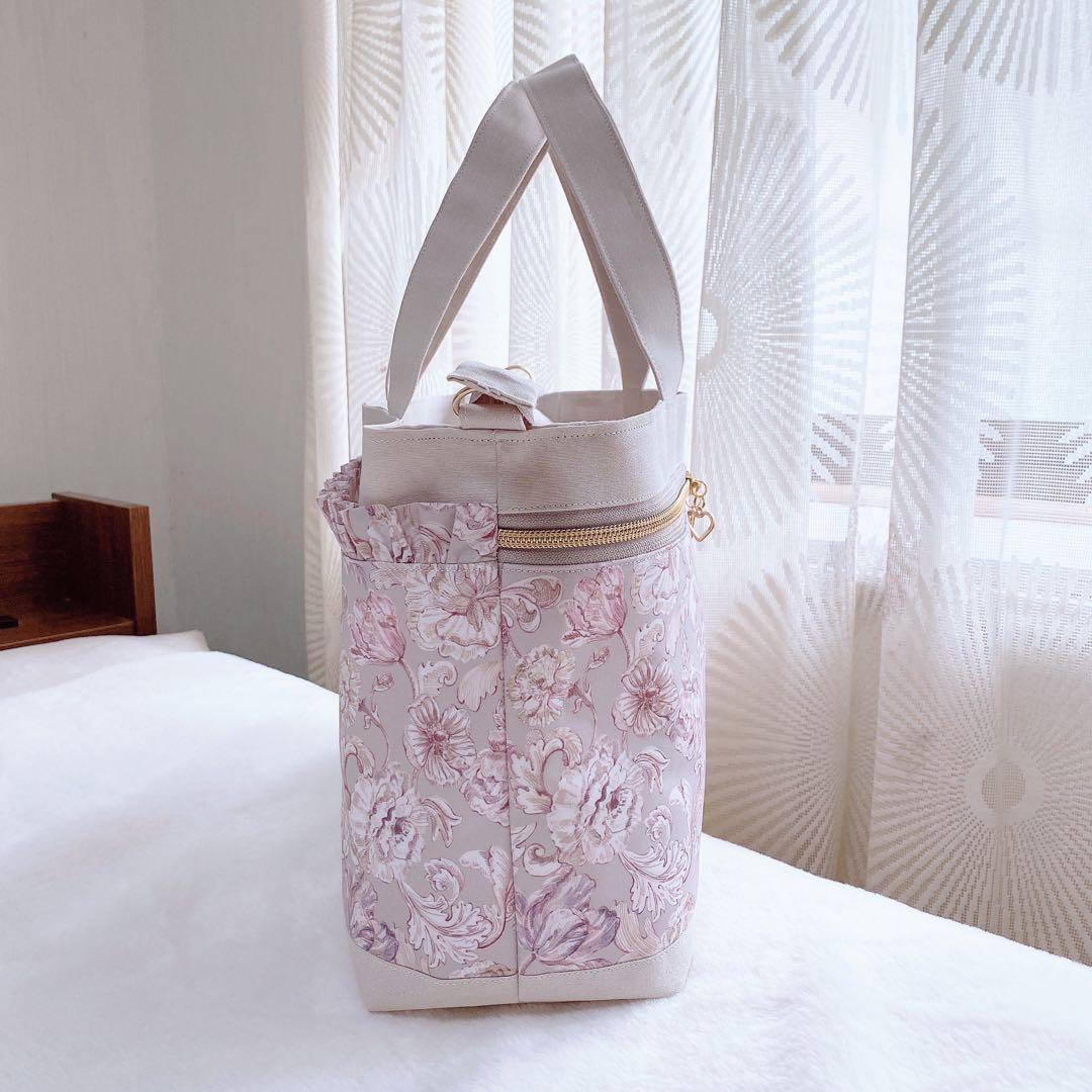 【在庫整理20%off】花柄 ピンクグレー 3ルームフリルトート⑅ ハンドメイド