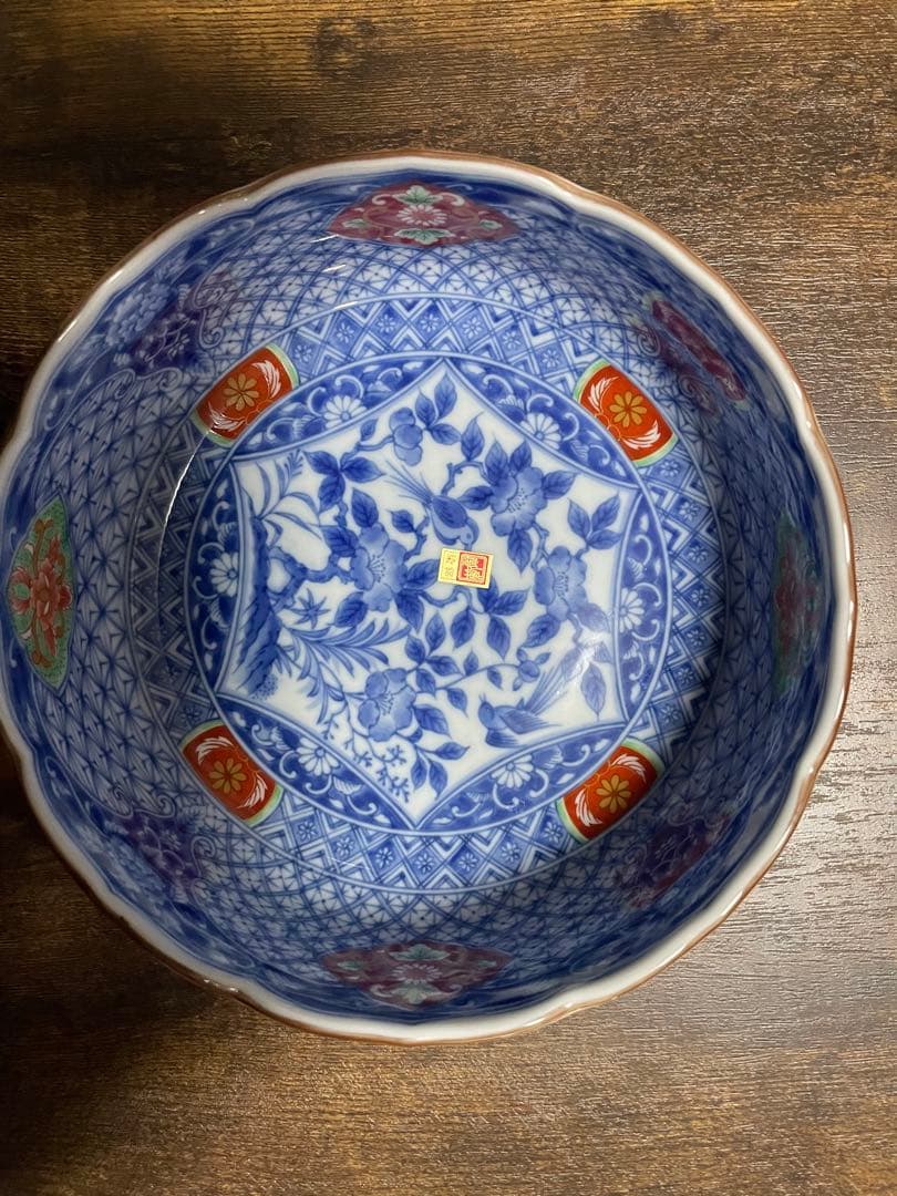 前畑陶器　庫山窯　染錦花鳥　中鉢　盛鉢　間取花紋　古伊万里　19cm 5個セット