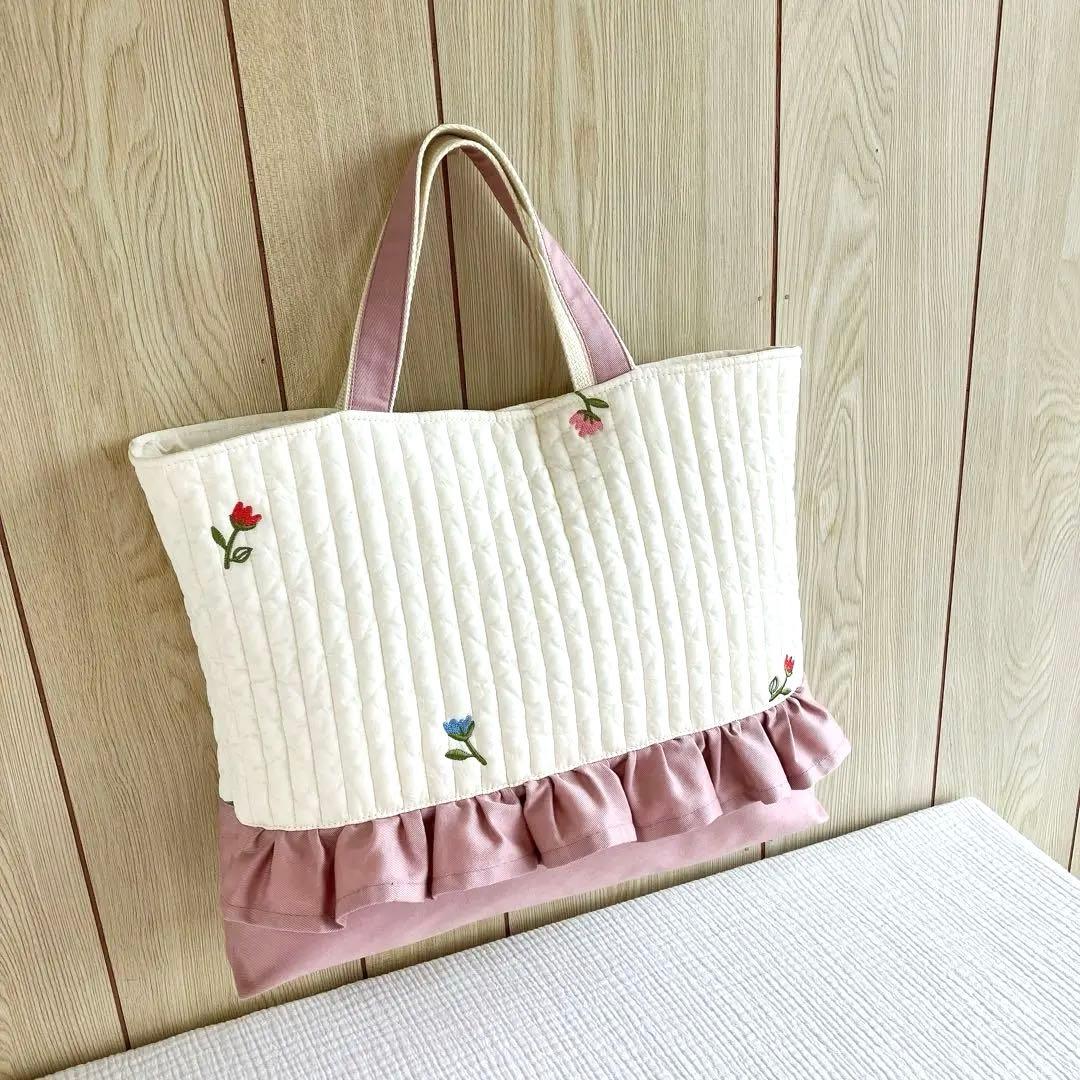 レッスンバッグ ヌビ イブル フリル チューリップ 花 ピンク 入園入学 白