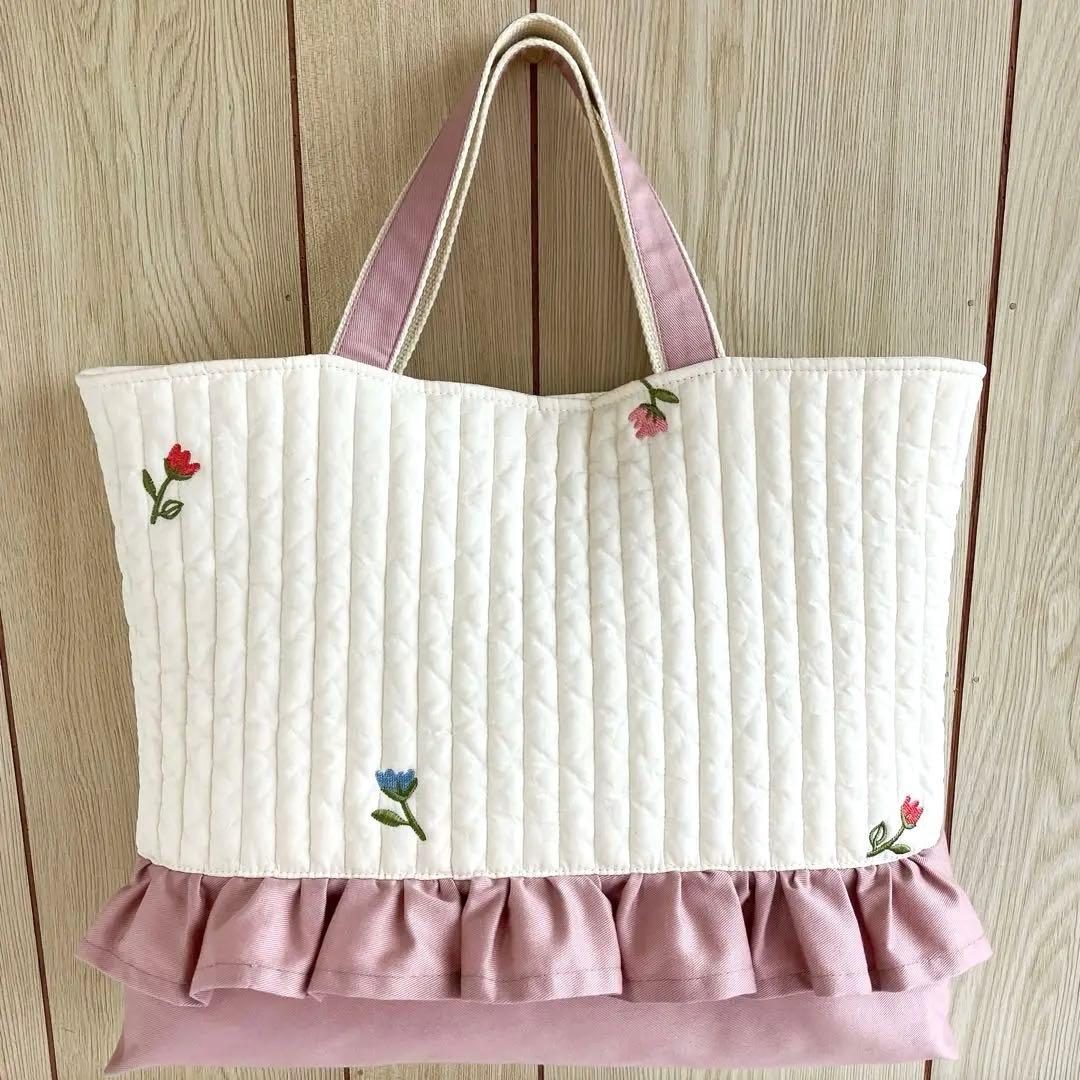 レッスンバッグ ヌビ イブル フリル チューリップ 花 ピンク 入園入学 白