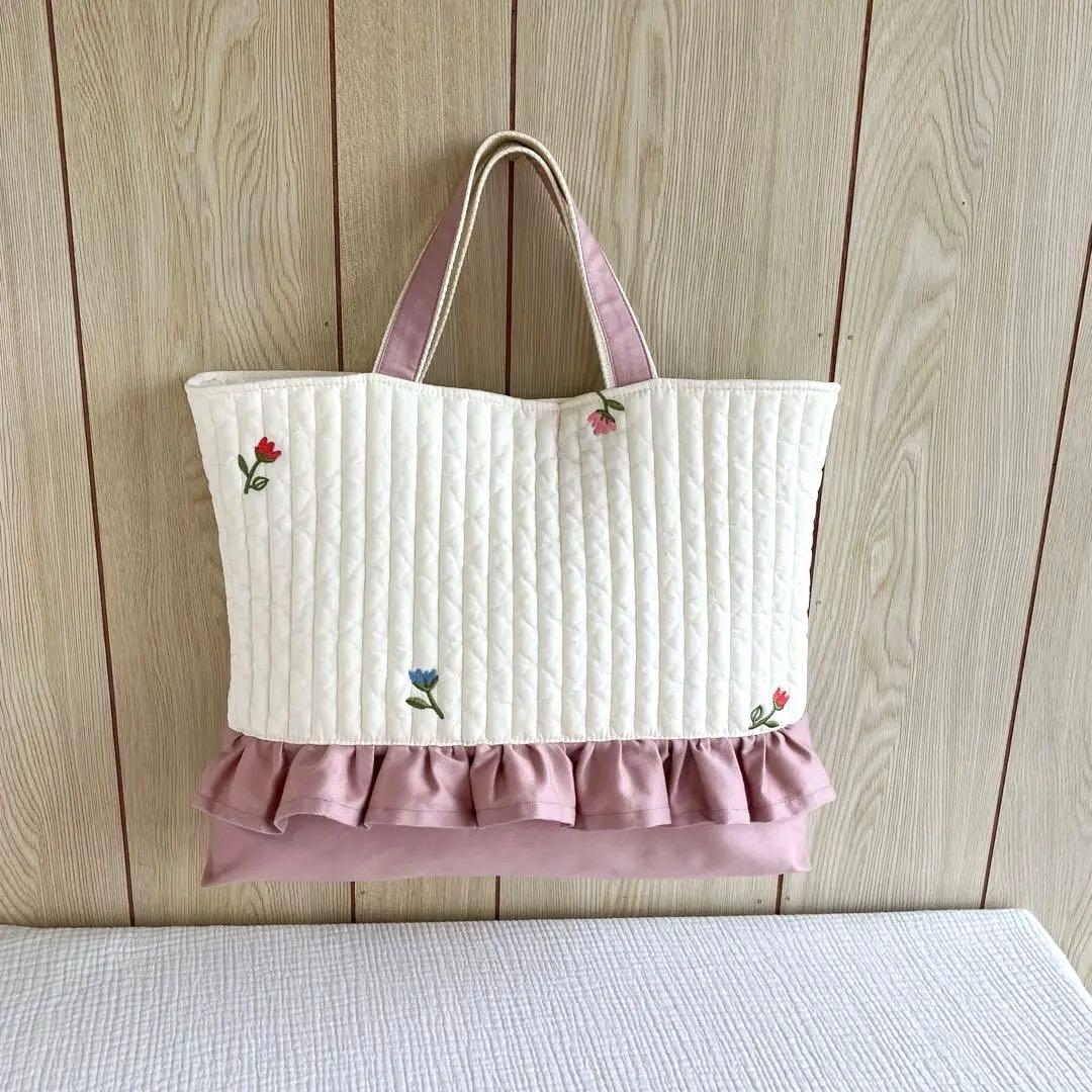 レッスンバッグ ヌビ イブル フリル チューリップ 花 ピンク 入園入学 白
