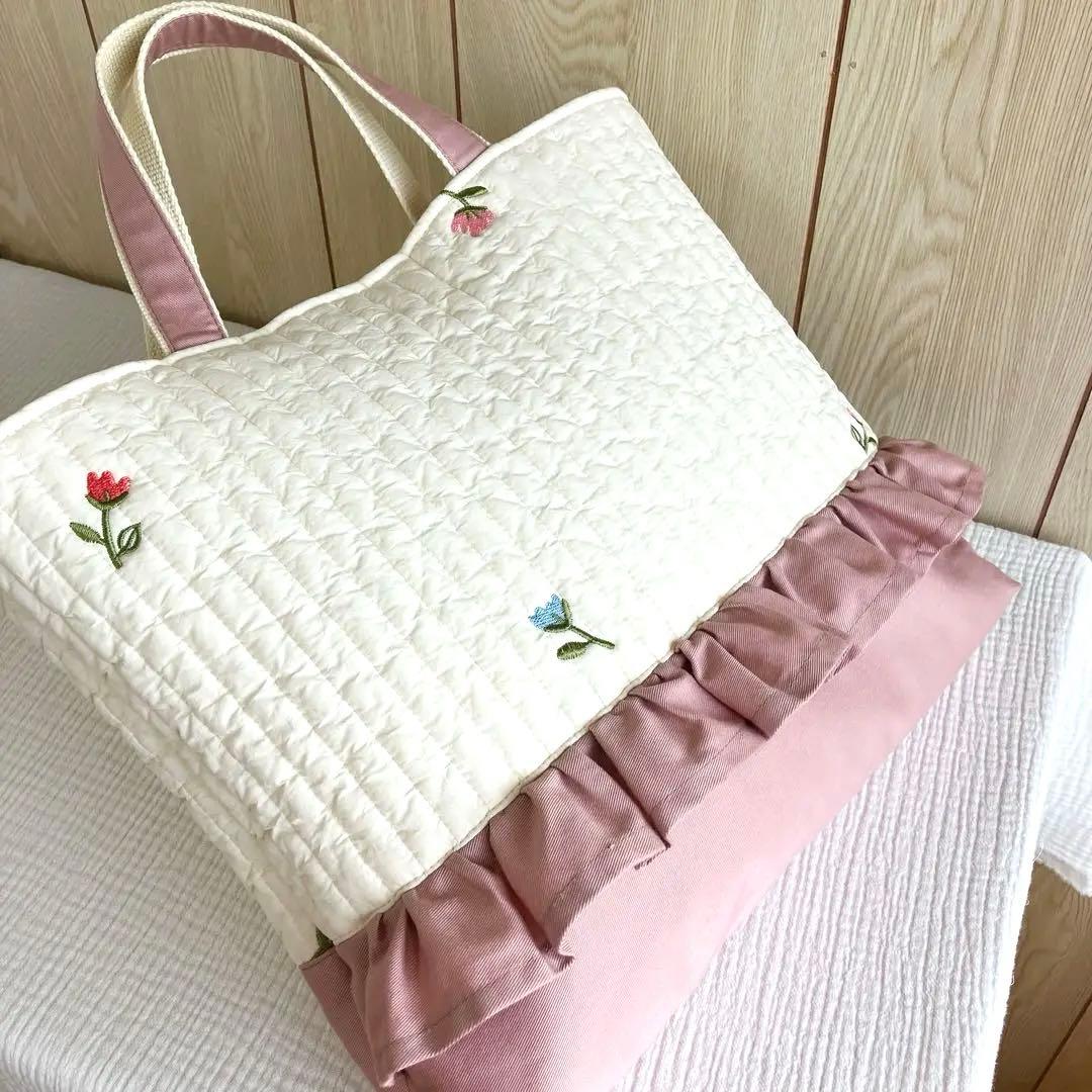 レッスンバッグ ヌビ イブル フリル チューリップ 花 ピンク 入園入学 白