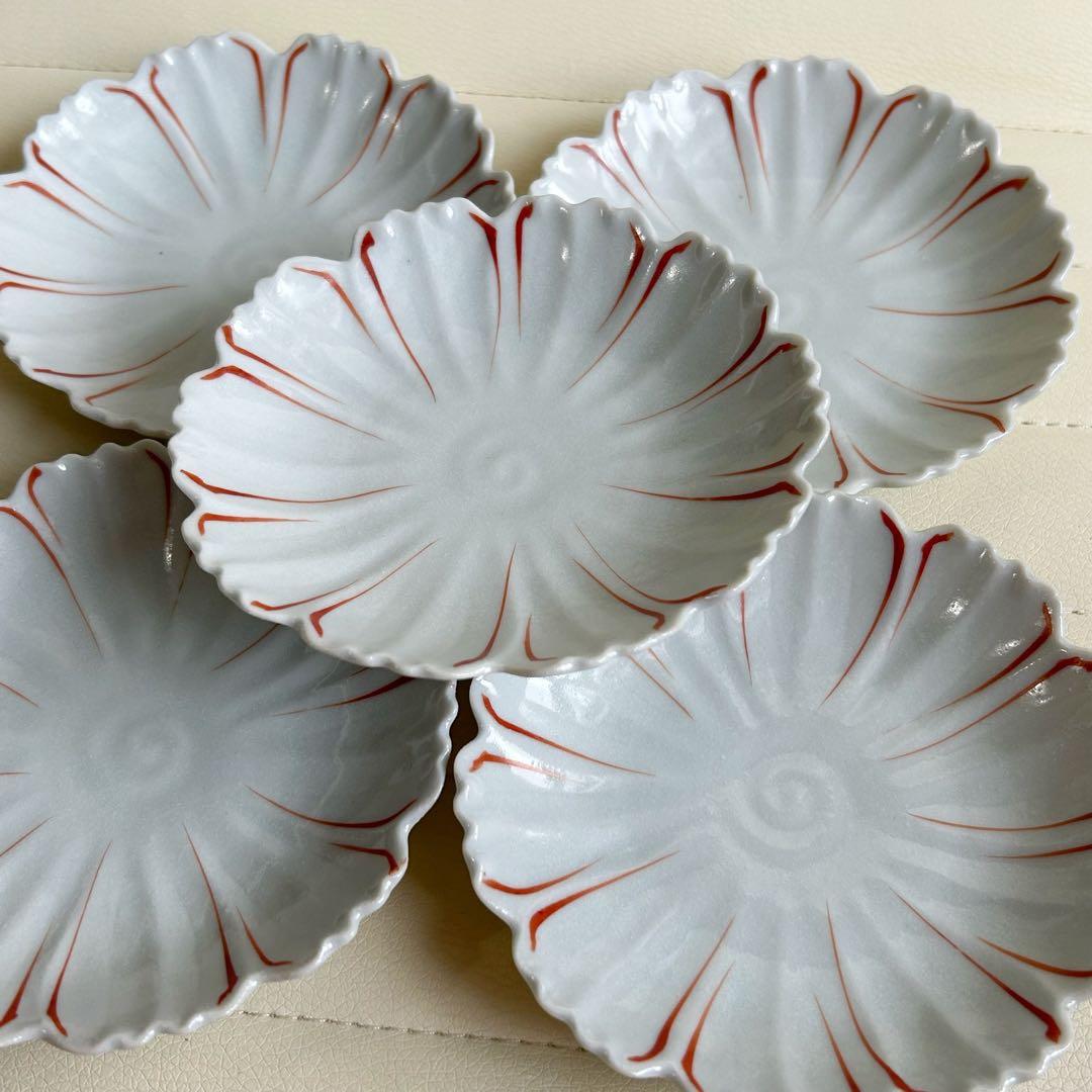 九谷焼　ほたる窯　赤絵コスモス　銘々皿揃　5枚セット　小皿　輪花皿　取り皿　和皿