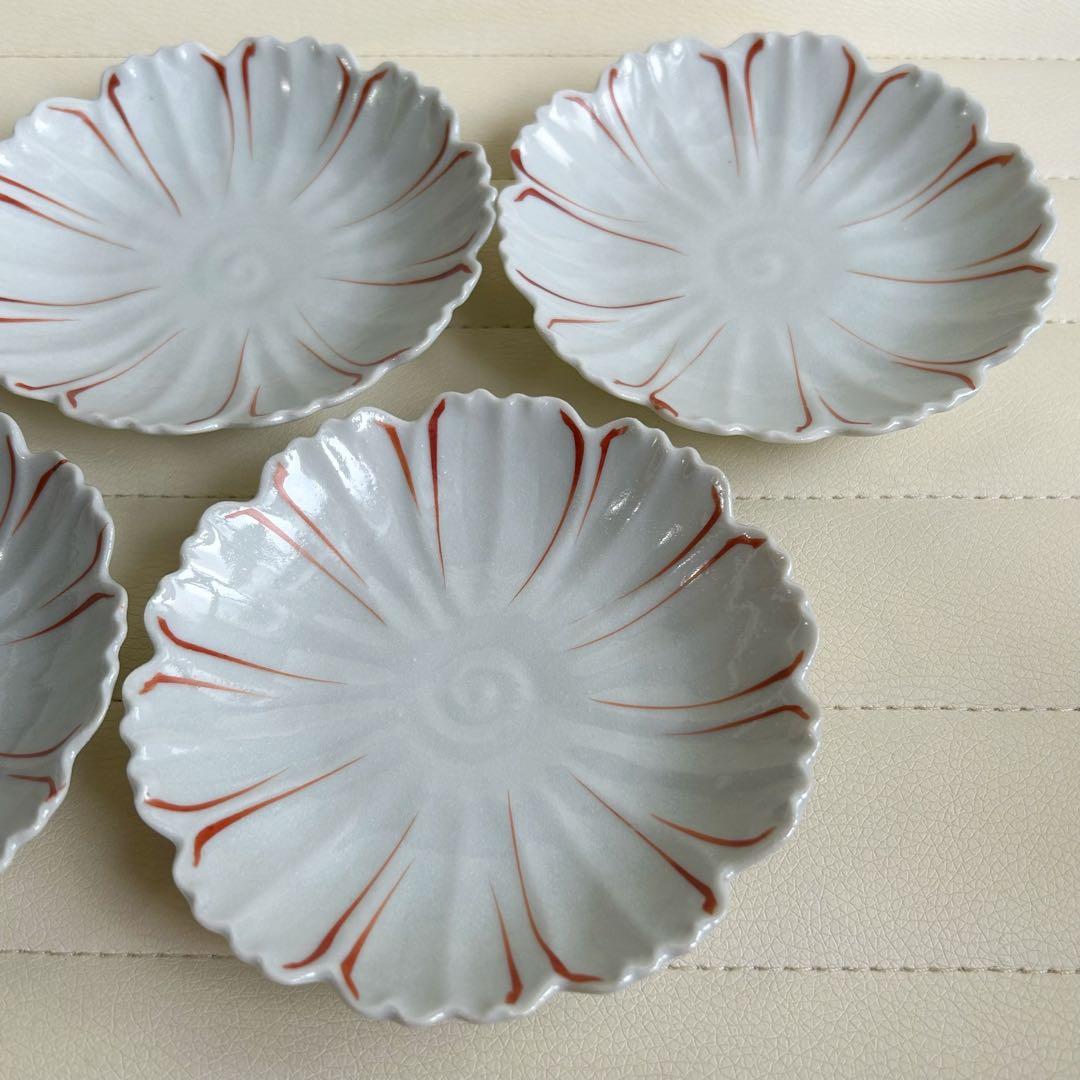 九谷焼　ほたる窯　赤絵コスモス　銘々皿揃　5枚セット　小皿　輪花皿　取り皿　和皿