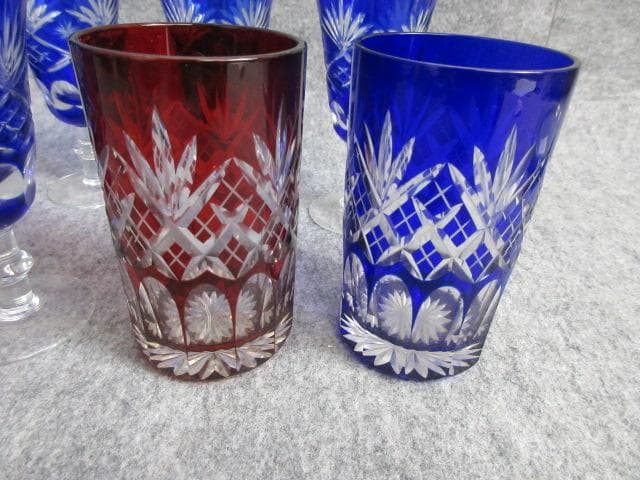 青被せカットガラスショットグラス6点青被せ赤被せコップ2点 [B27818]