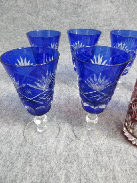 青被せカットガラスショットグラス6点青被せ赤被せコップ2点 [B27818]