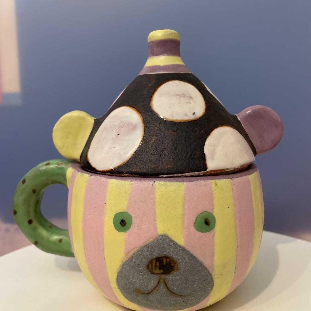 小林美風さん　水玉帽子が可愛い蓋つきマグカップ　スープカップ　ピンクイエロー