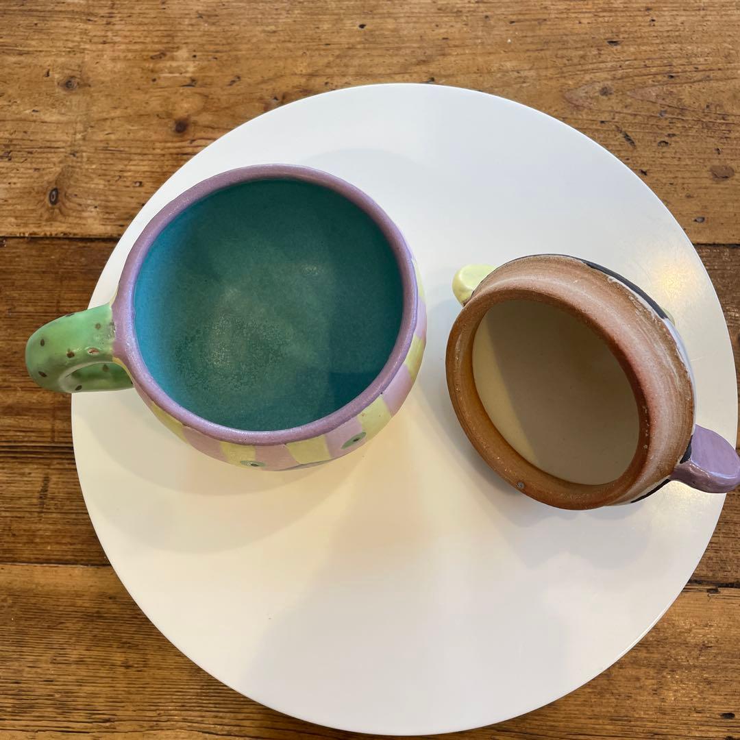 小林美風さん　水玉帽子が可愛い蓋つきマグカップ　スープカップ　ピンクイエロー