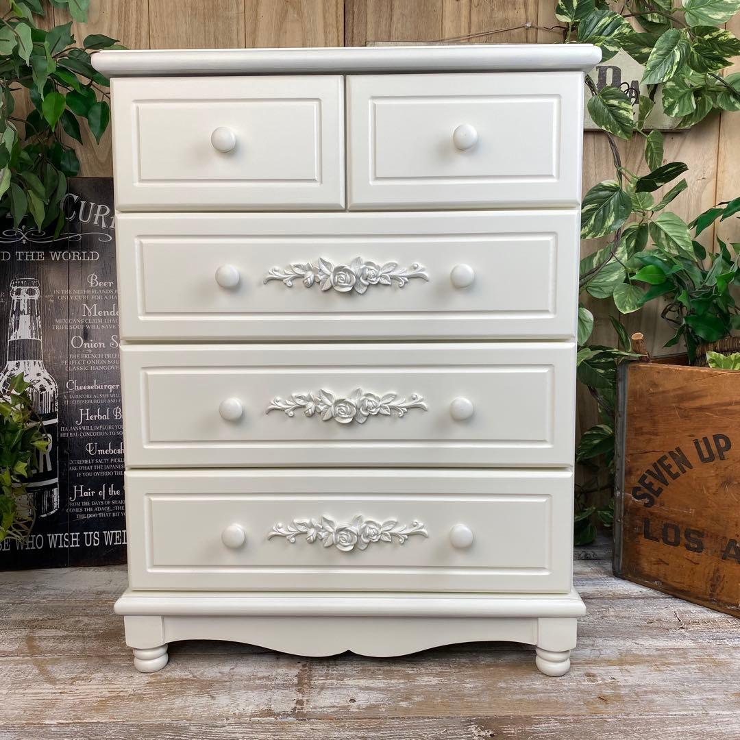 フレンチカントリー北欧調ホワイトチェスト四段五つ引き木製収納タンス飾り棚姫系