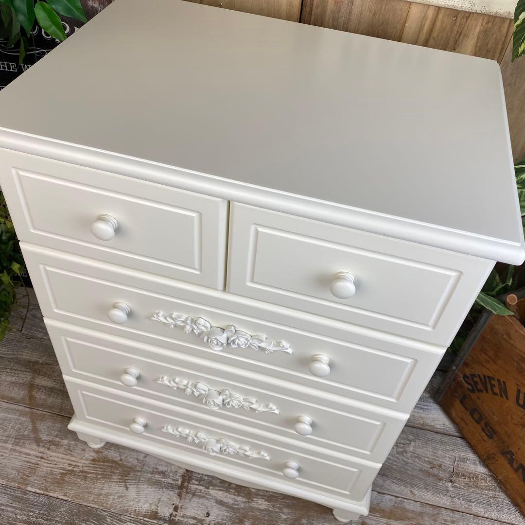 フレンチカントリー北欧調ホワイトチェスト四段五つ引き木製収納タンス飾り棚姫系
