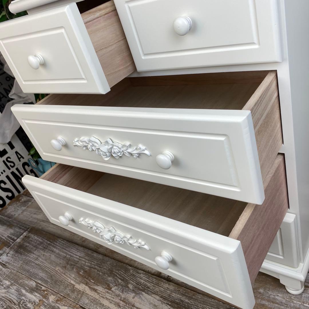 フレンチカントリー北欧調ホワイトチェスト四段五つ引き木製収納タンス飾り棚姫系