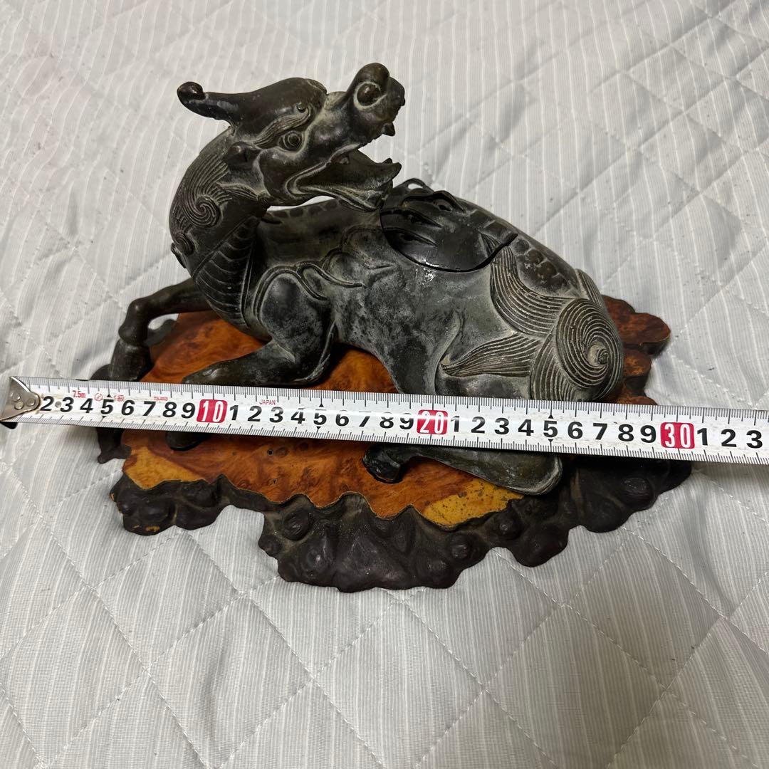 時代物　中国 日本 銅器置物　独角獣　香炉　花梨木台