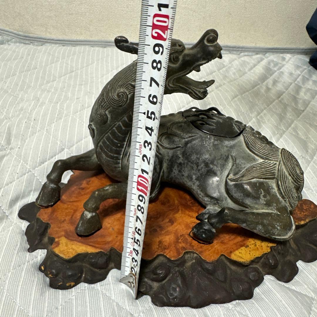 時代物　中国 日本 銅器置物　独角獣　香炉　花梨木台
