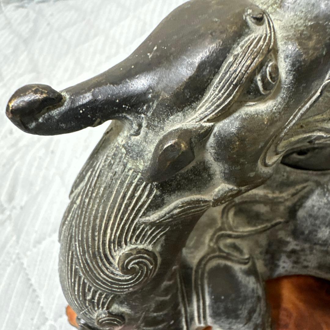 時代物　中国 日本 銅器置物　独角獣　香炉　花梨木台
