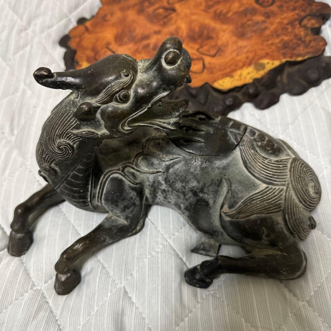 時代物　中国 日本 銅器置物　独角獣　香炉　花梨木台