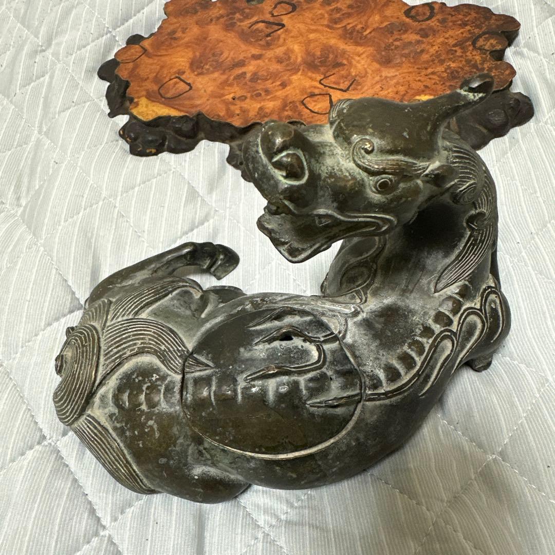 時代物　中国 日本 銅器置物　独角獣　香炉　花梨木台
