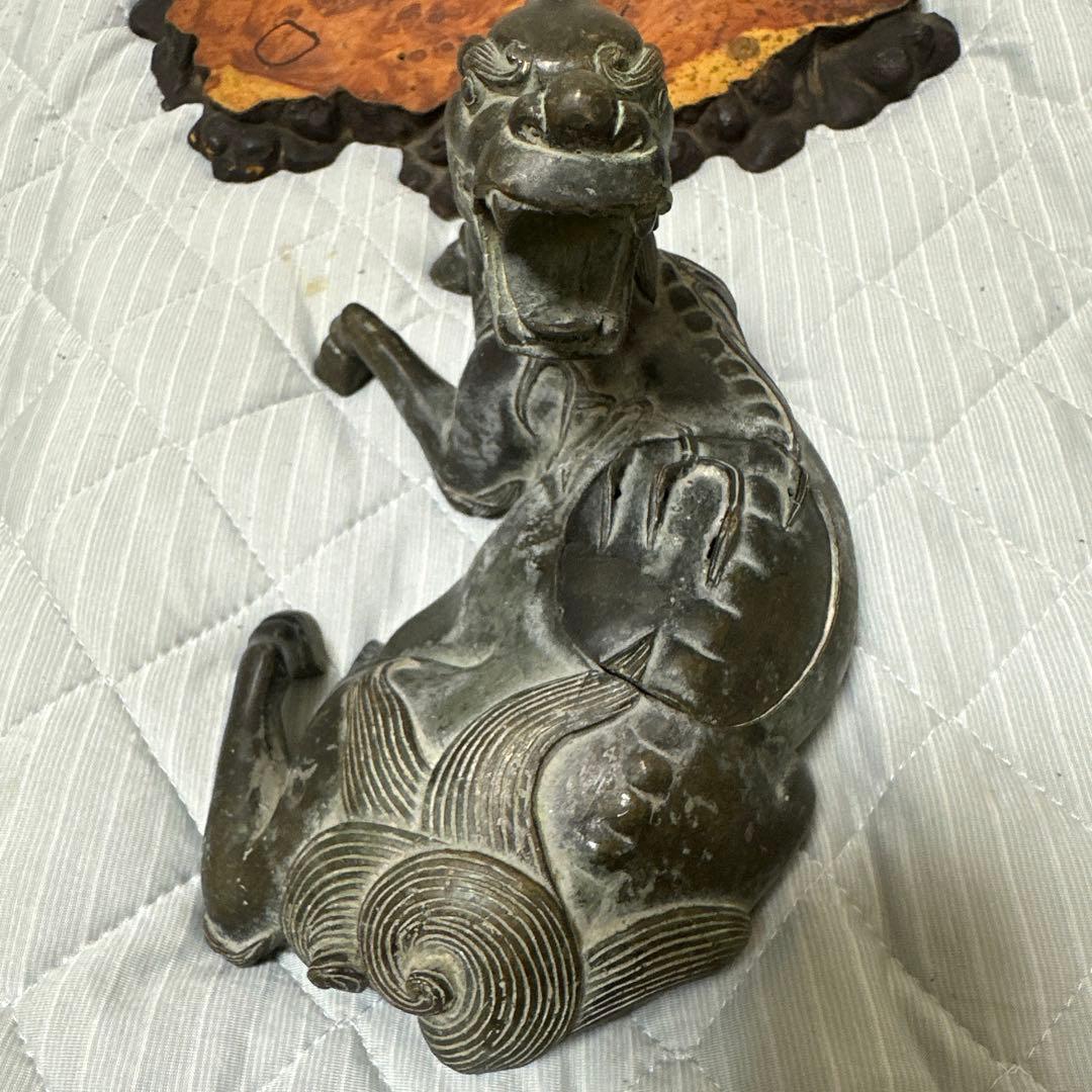 時代物　中国 日本 銅器置物　独角獣　香炉　花梨木台