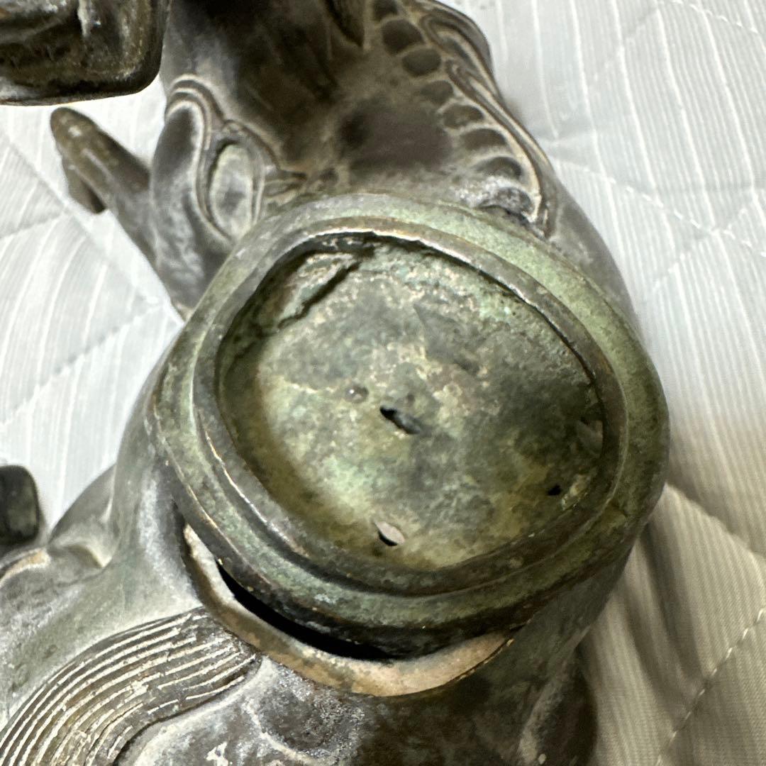 時代物　中国 日本 銅器置物　独角獣　香炉　花梨木台