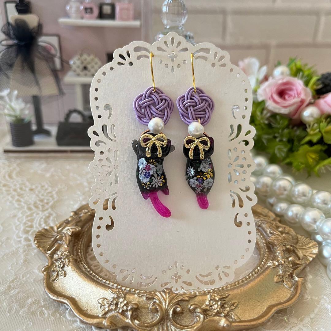 ฅ❤️ レジン　猫　ねこ　水引　梅結び　和柄　着物　ピアス　イヤリング
