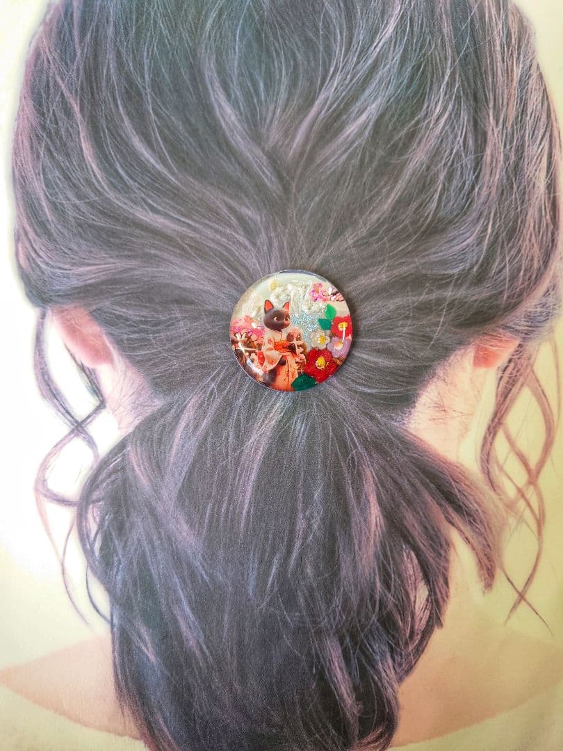 レジン　猫　ヘアゴム　ブローチ　ポニーフック　No.452